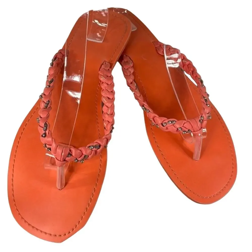 Coral Braided Jeweled Strap Flat Flip Flop Size 11/12. Beach Coastal Summer Fun